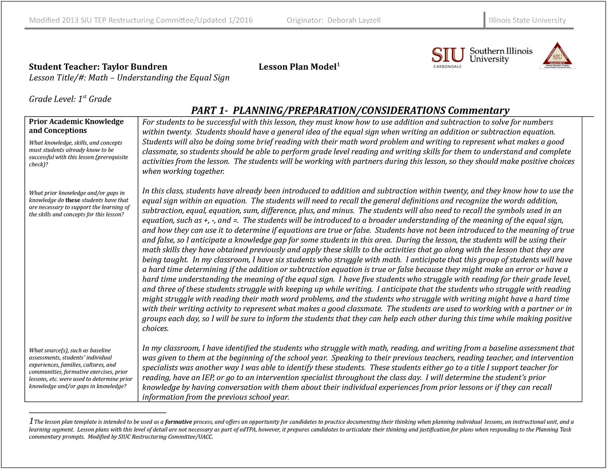 Edtpa Early Childhood Lesson Plan Template