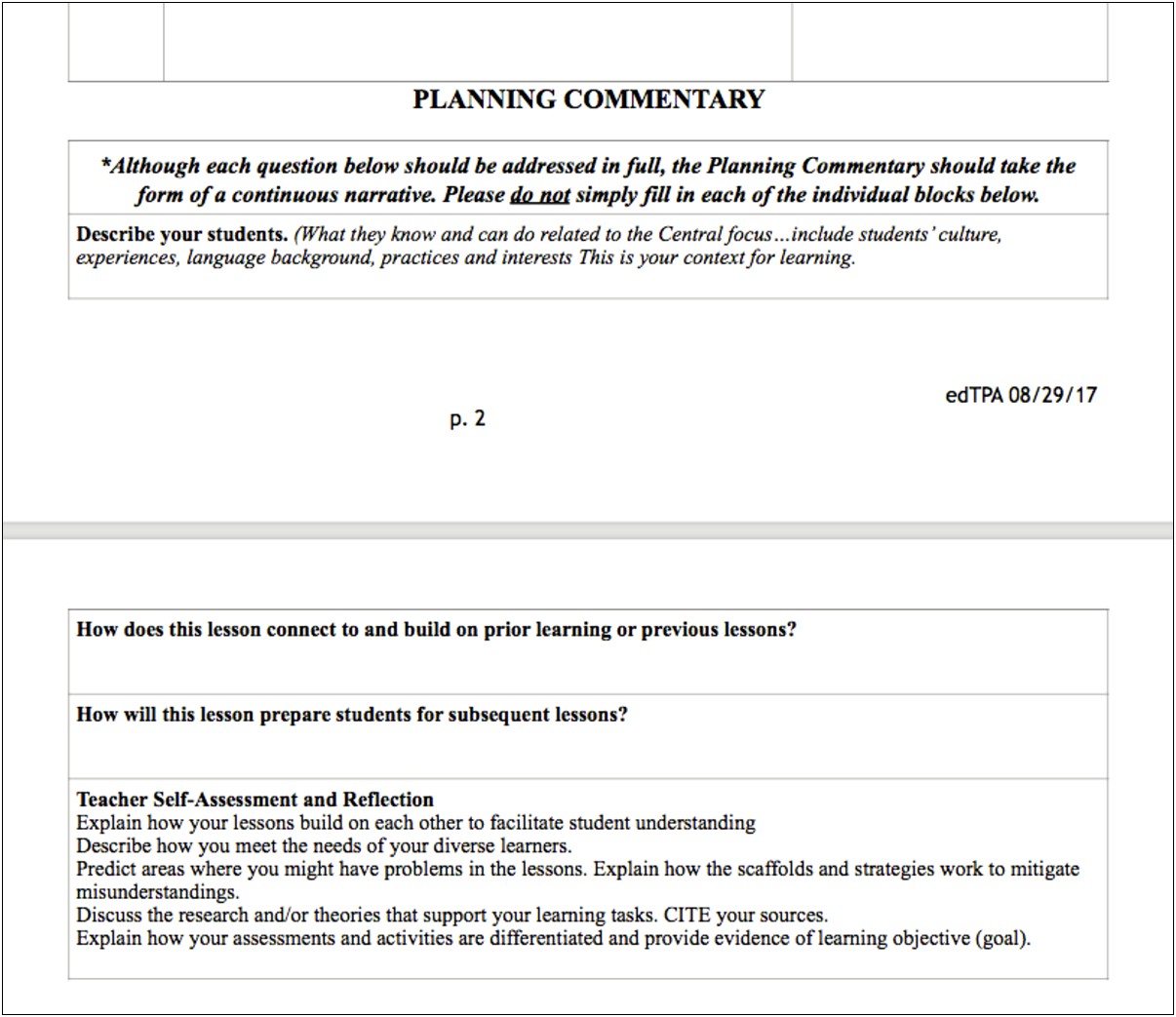 Edtpa Lesson Plan Commentary Template Social Studies