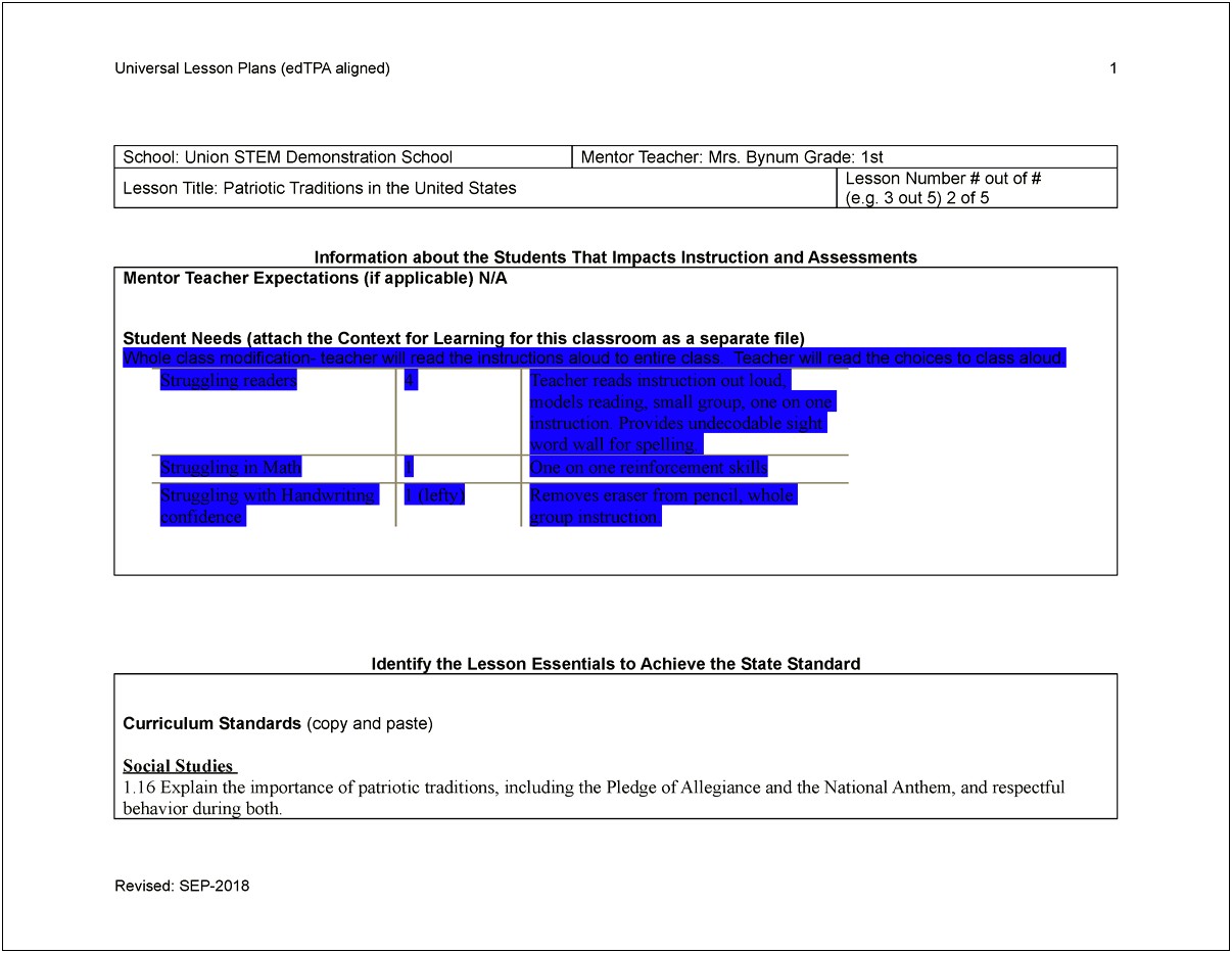 Edtpa Lesson Plan Ela Template Washington State