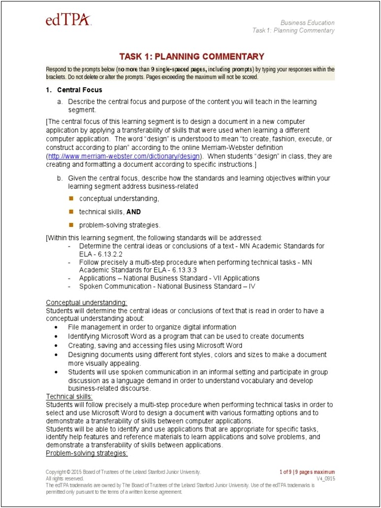 Edtpa Planning Commentary Elementary Math Template