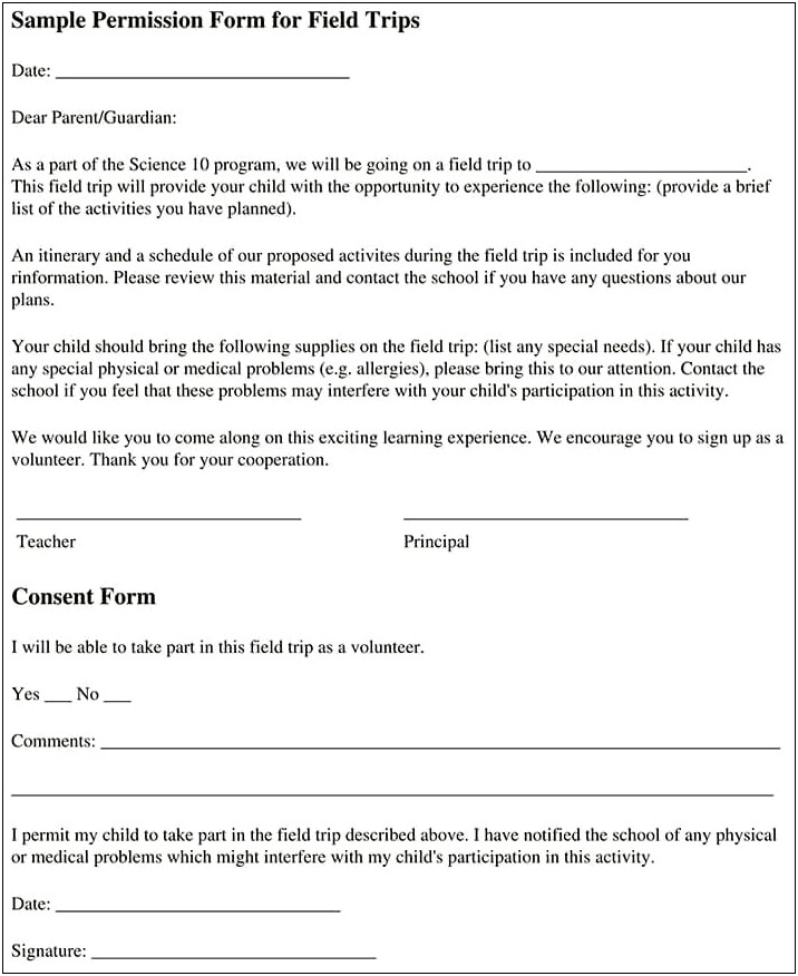 Educational Field Trip Letter To Parents Template