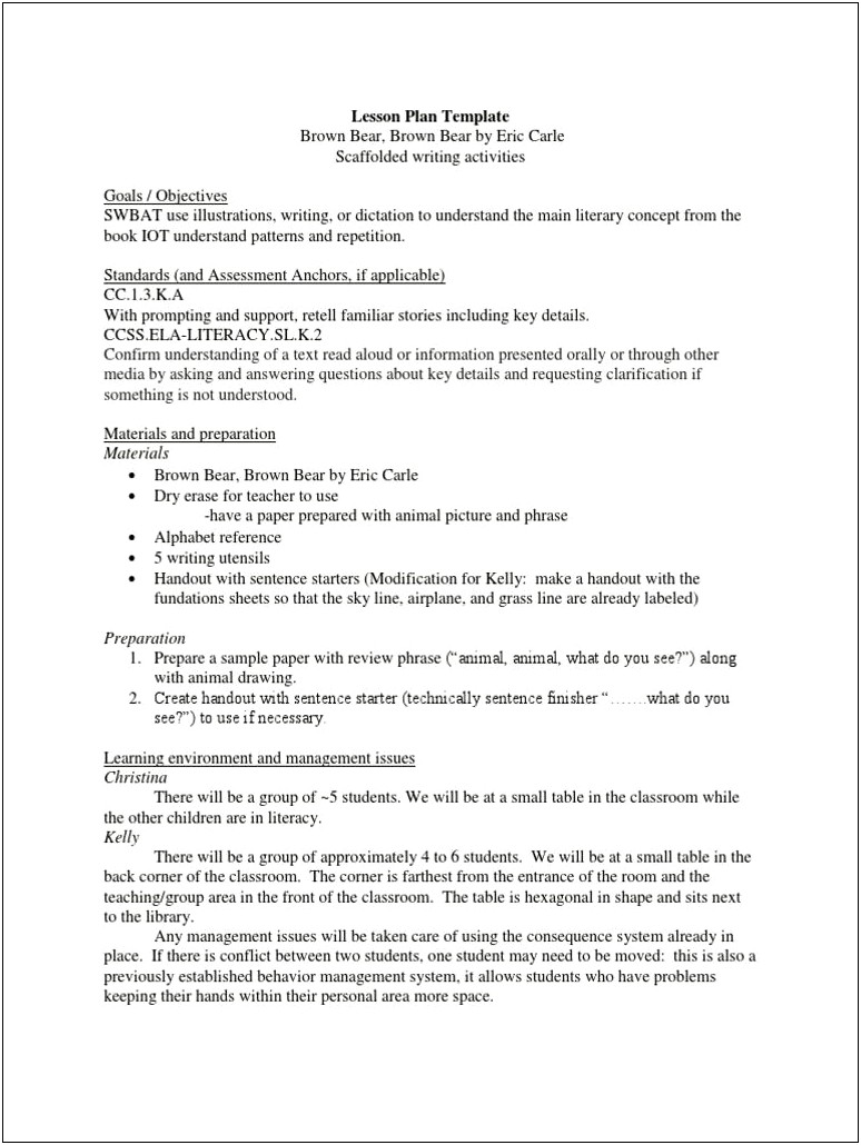 Ela And Writing Lesson Plan Template