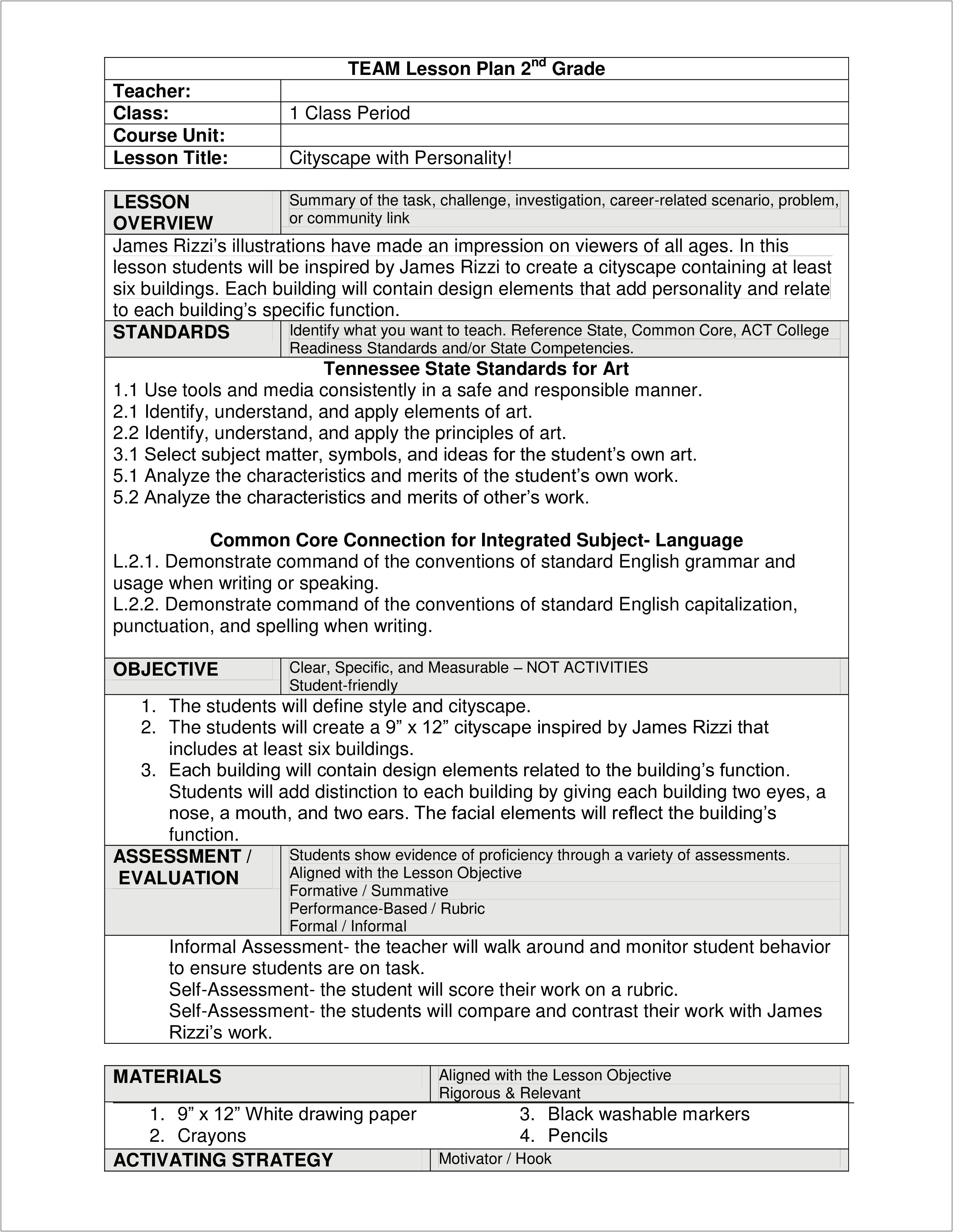 Elementary Art Lesson Plan Template With Standards