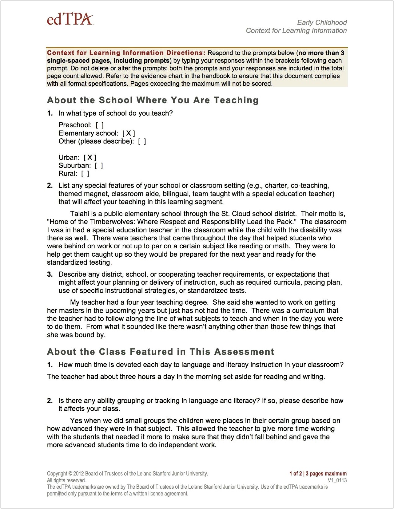 Elementary Educationedtpa Task 1 Planning Commentary Template