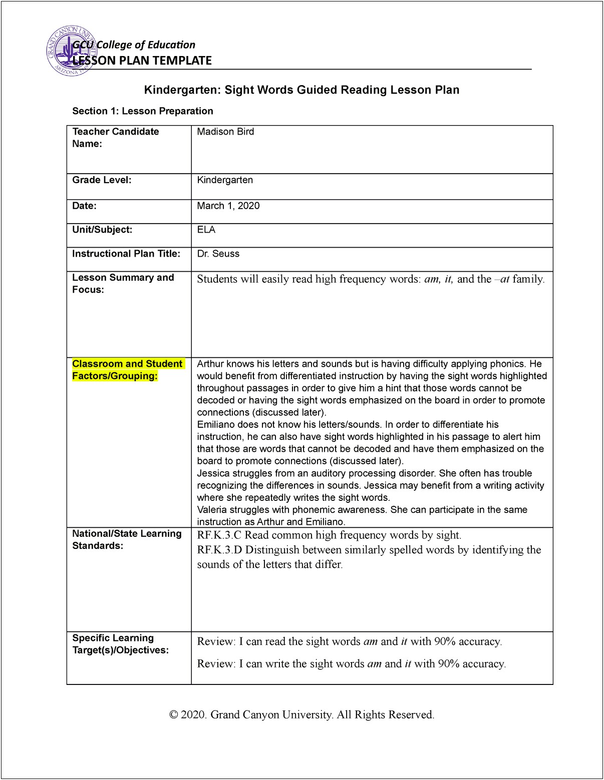 Elementary Guided Reading Lesson Plan Template