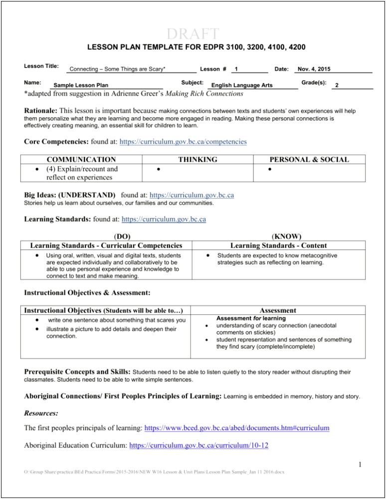 Elementary Language Arts Lesson Plan Template