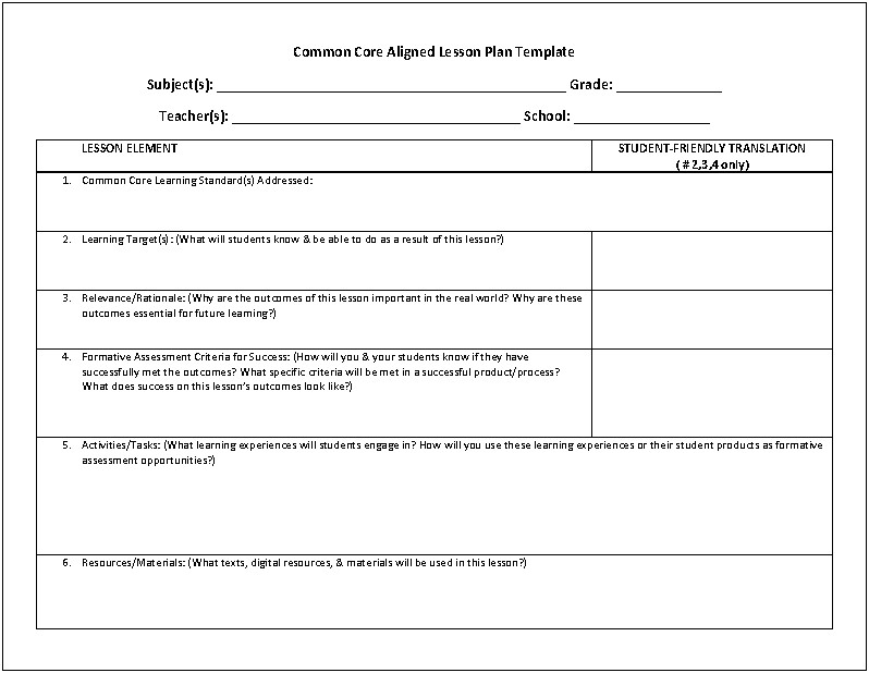 Elementary Lesson Plan Template Common Core