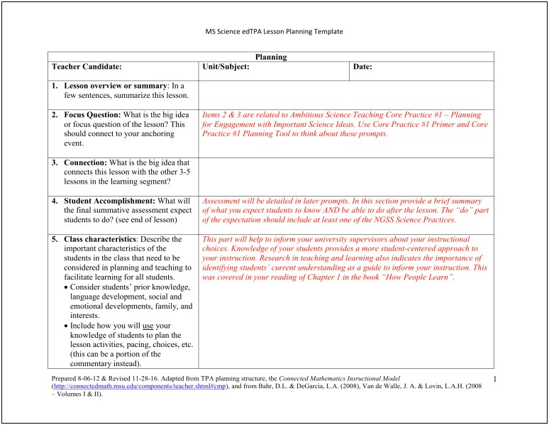 Elementary Lesson Plan Template For Edtpa