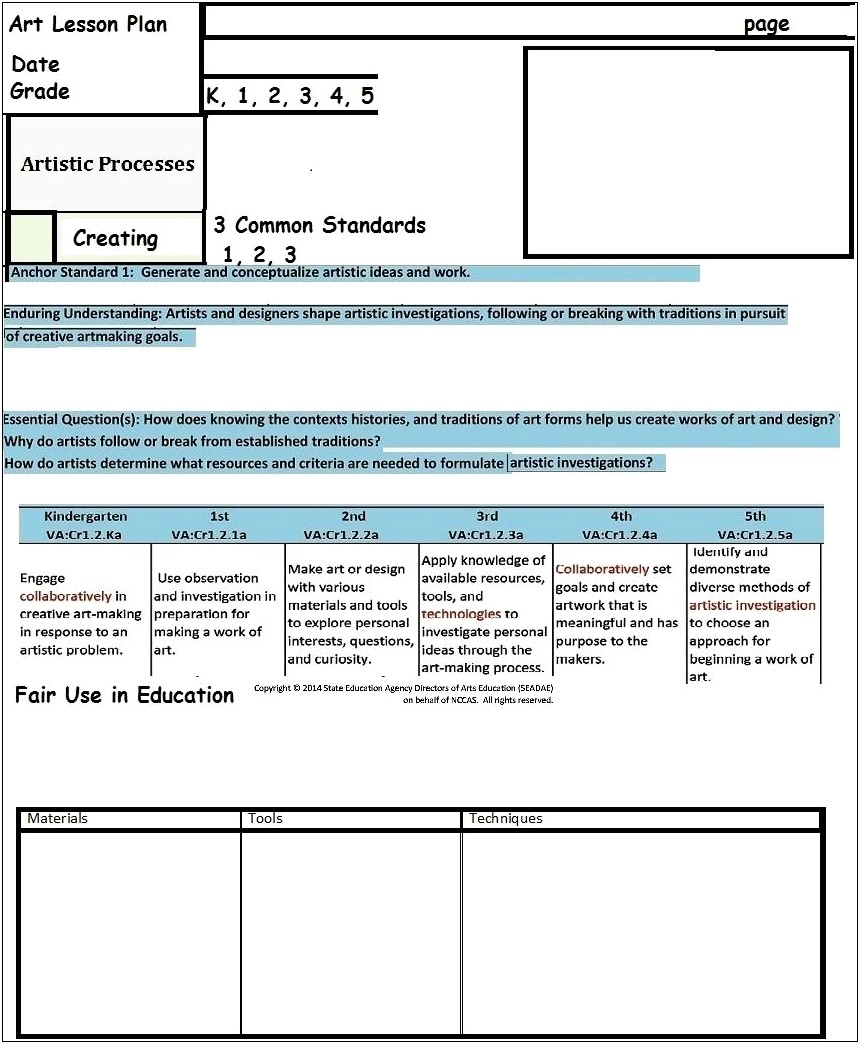 Elementary Lesson Plans Template Fine Arts