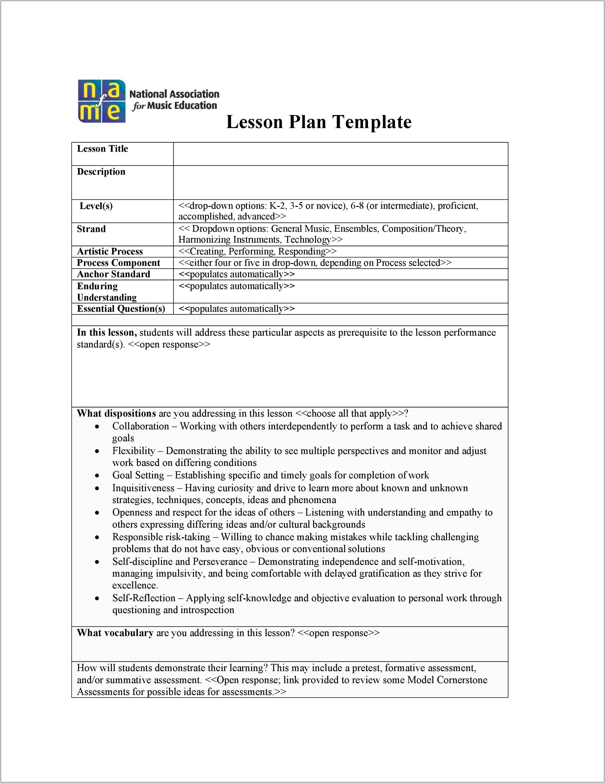 Elementary Music Lesson Plan Template Florida Standards