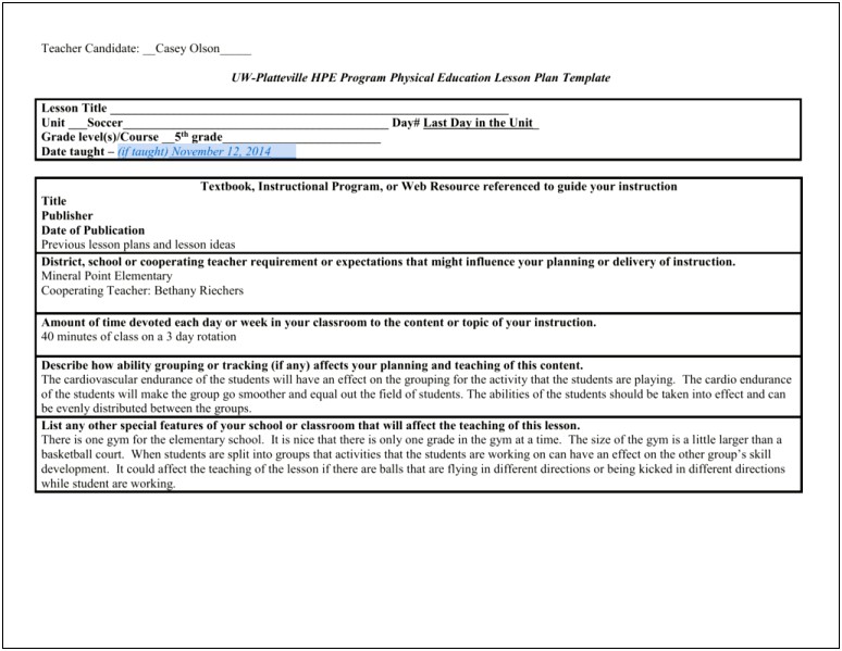 Elementary School Daily Lesson Plan Template