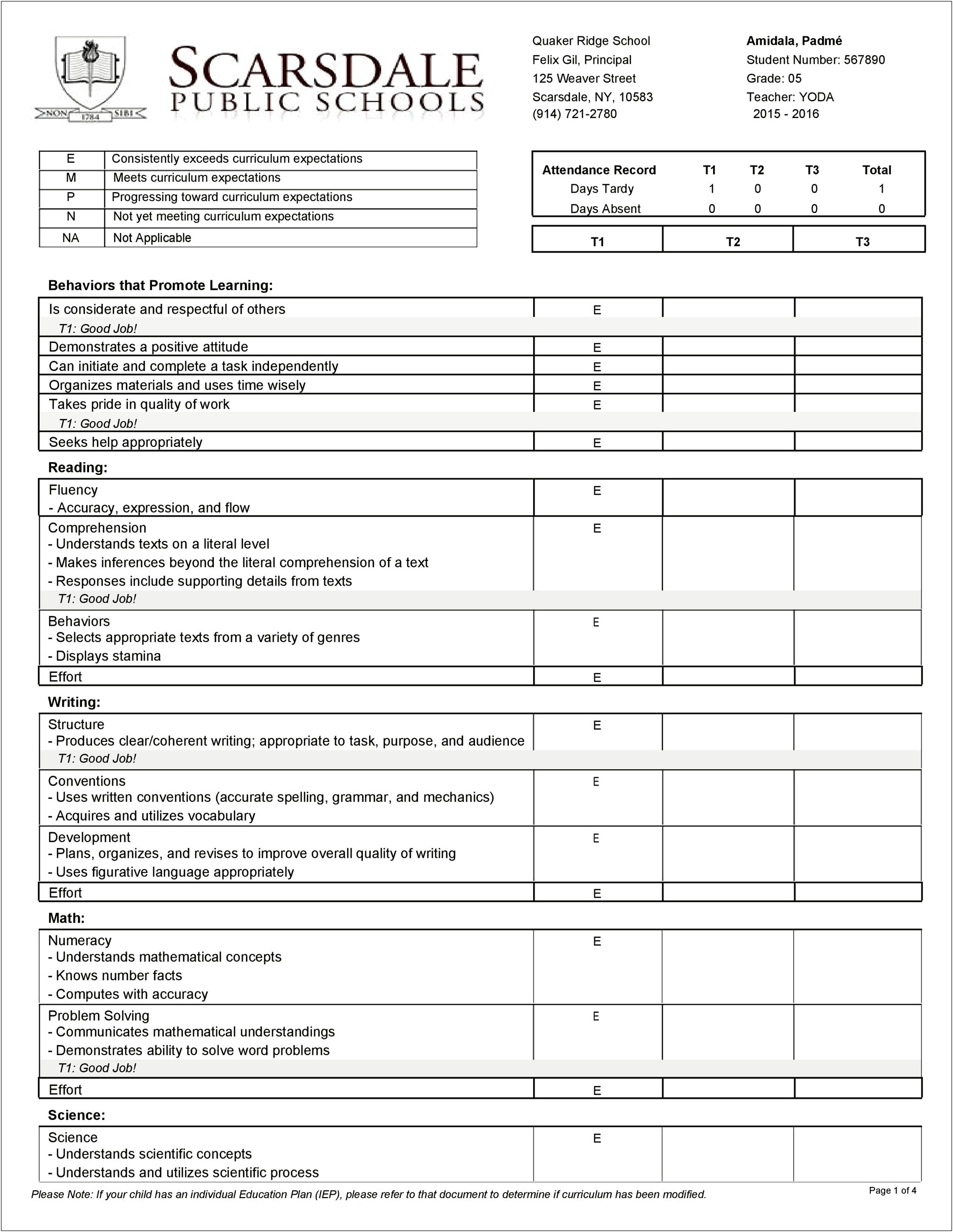 Elementary School Homeschool Report Card Template