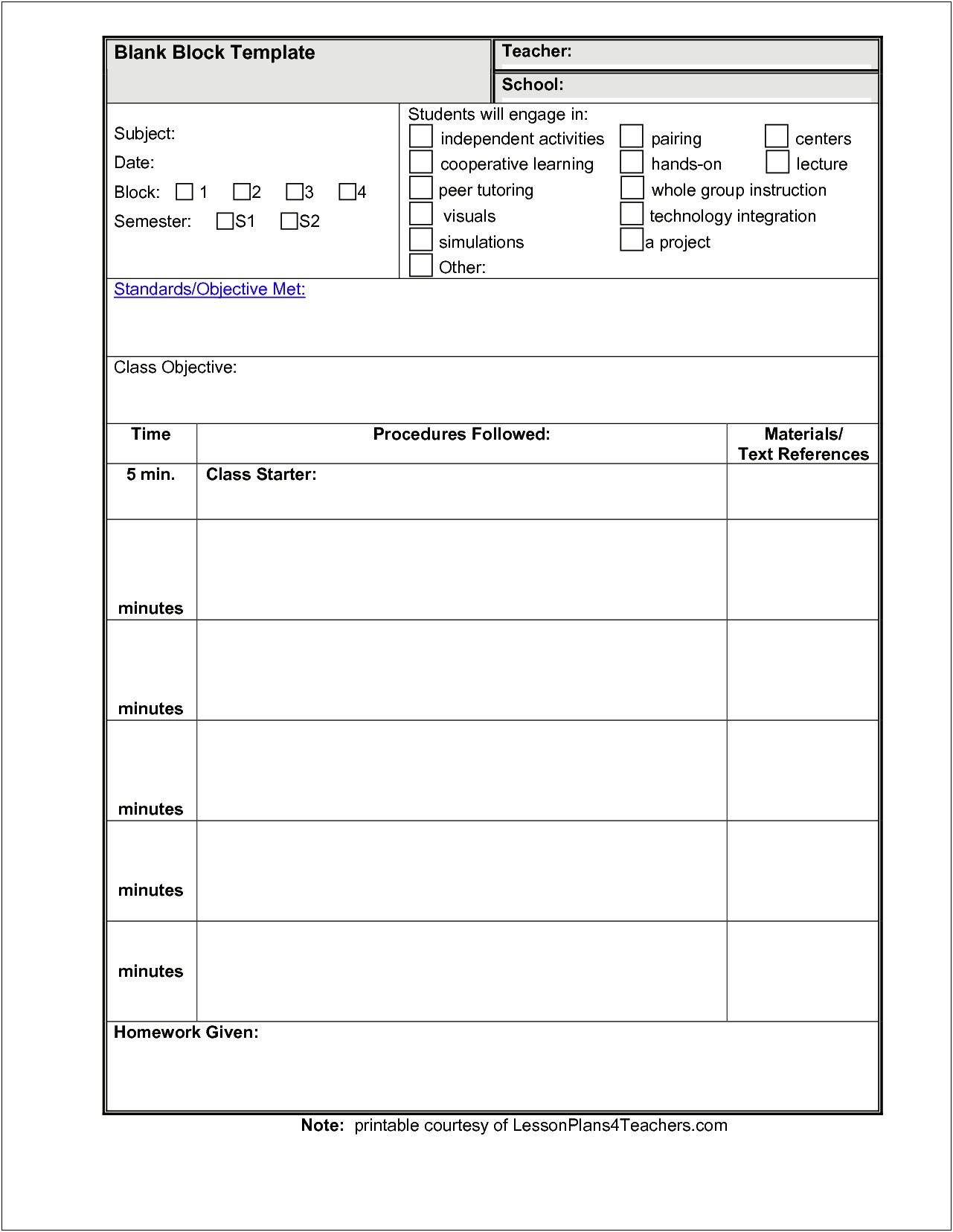 Elementary School Weekly Lesson Plan Template