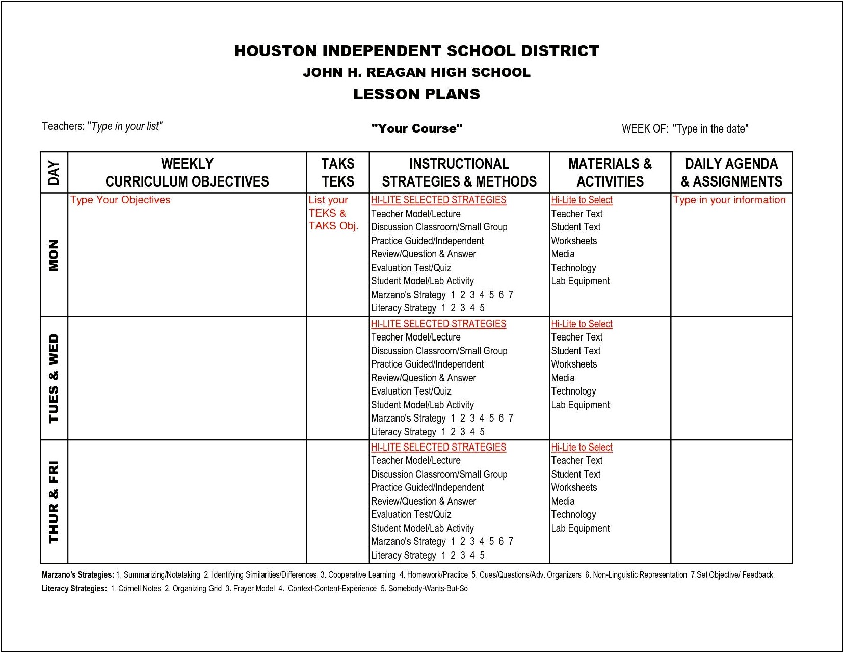 Elementary Science Lesson Plan Template Printable