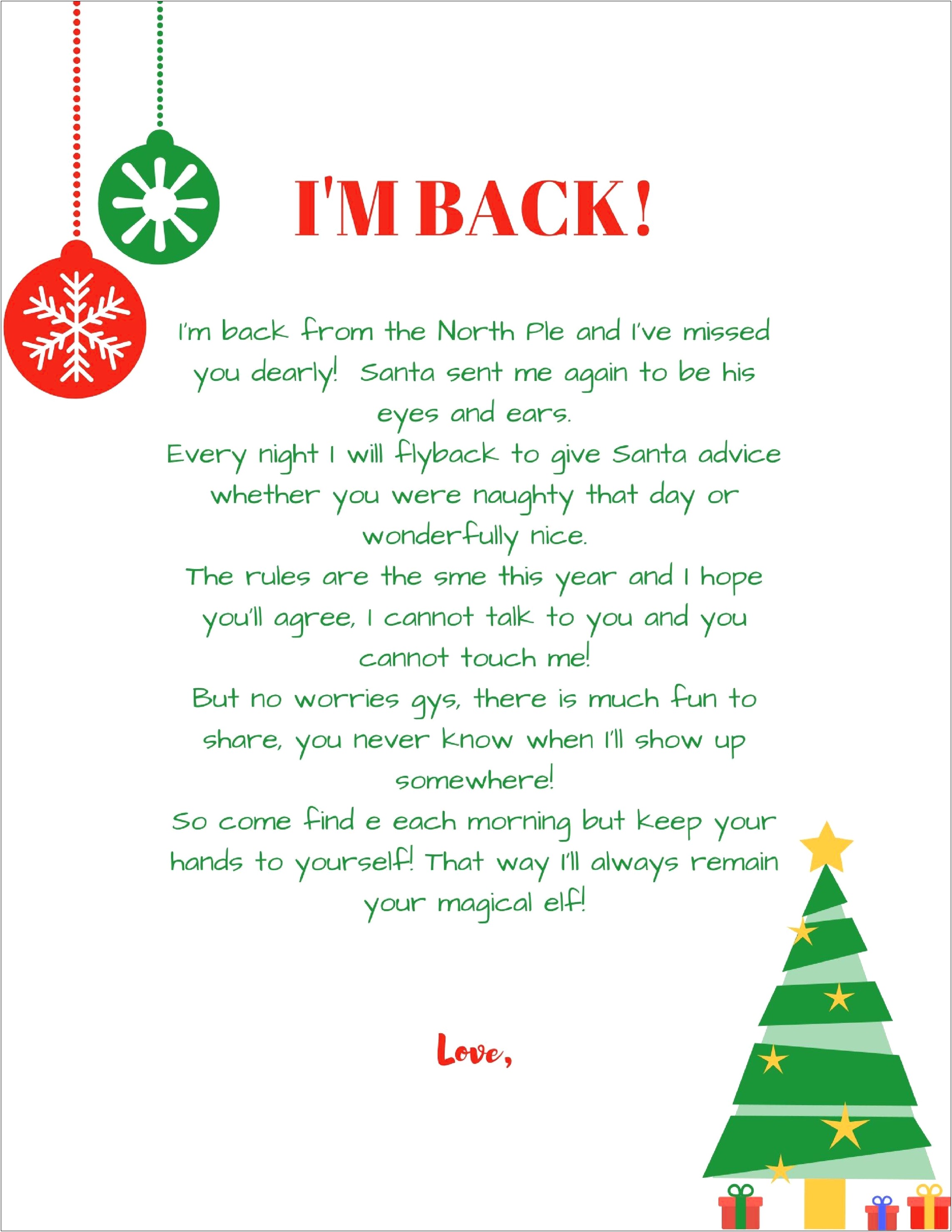 Elf On The Shelf Welcome Back Letter Template