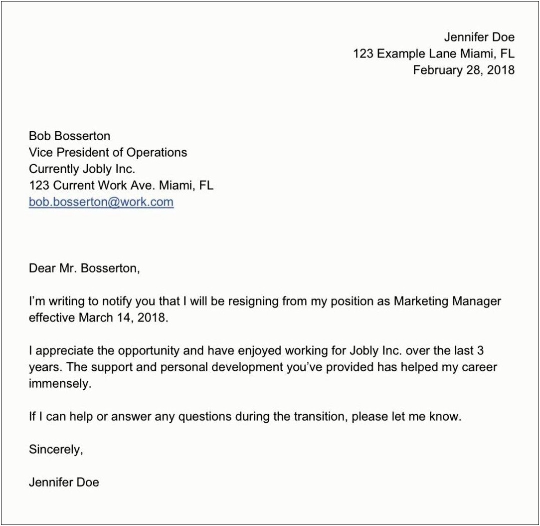 Email Letter Of Resignation Email Template