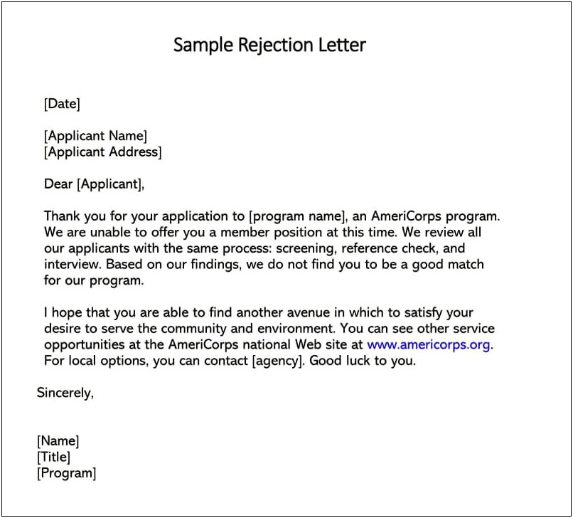 Email Template For Applicant Rejection Letter