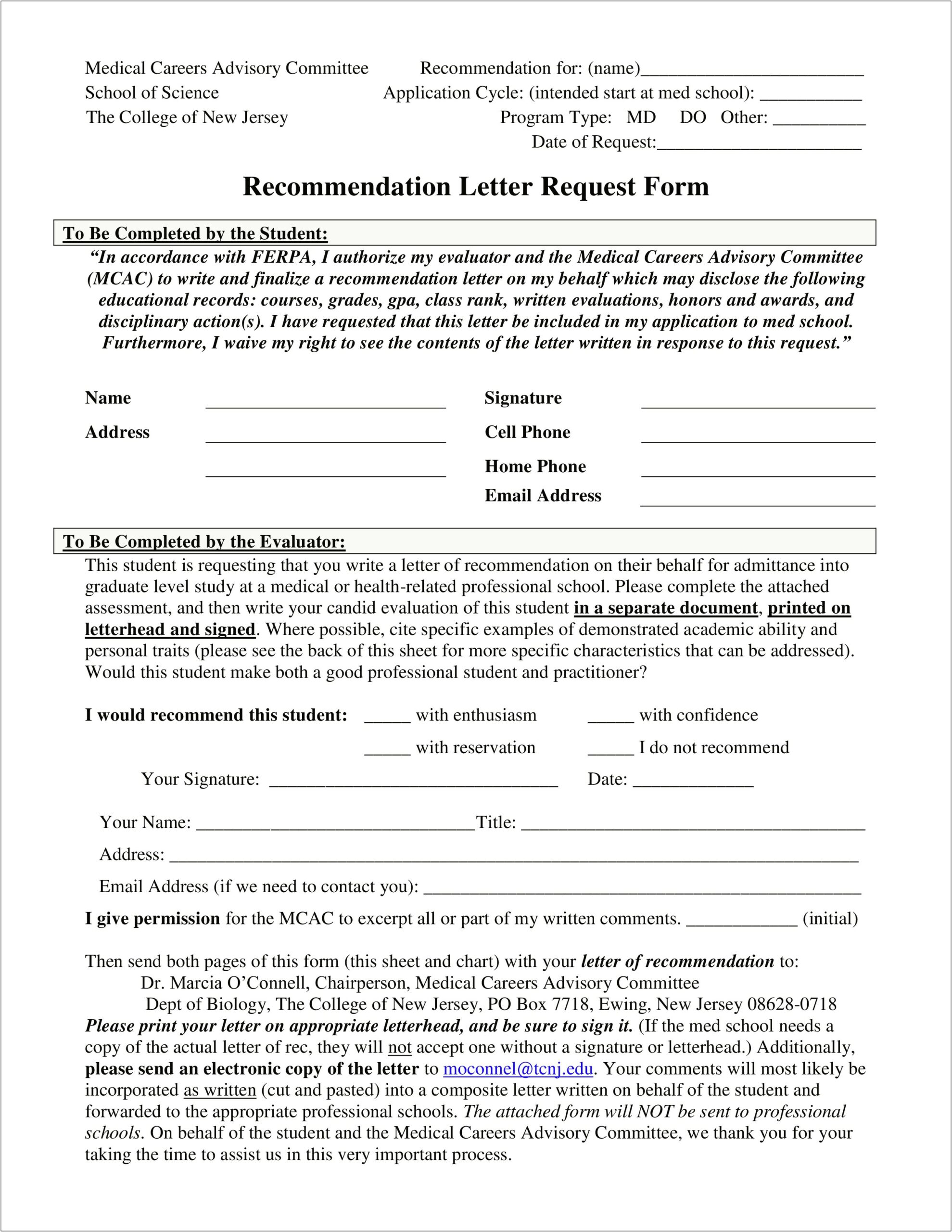 Email To Request Recommendation Letter Template