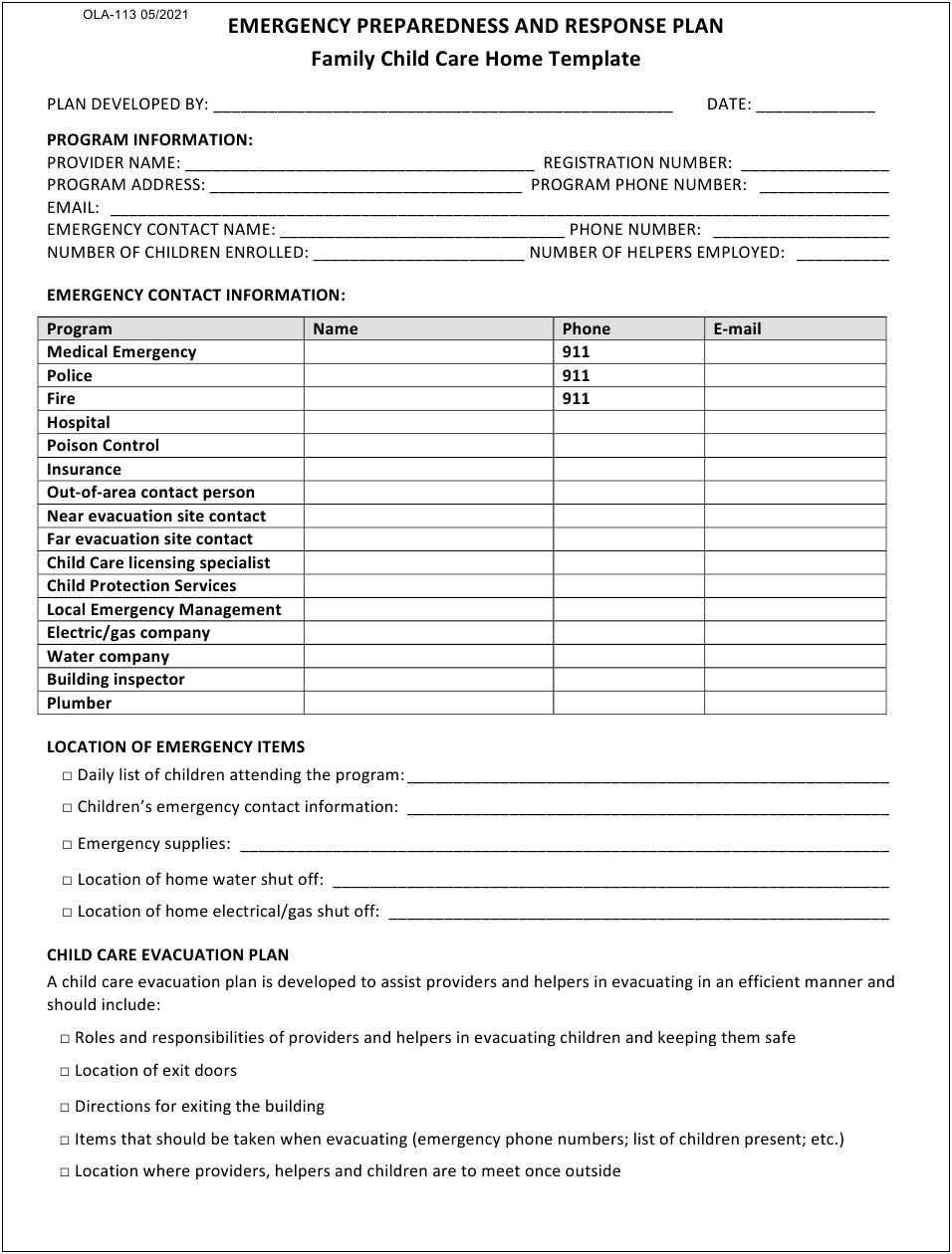 Emergency Management Plan Template For Childcare