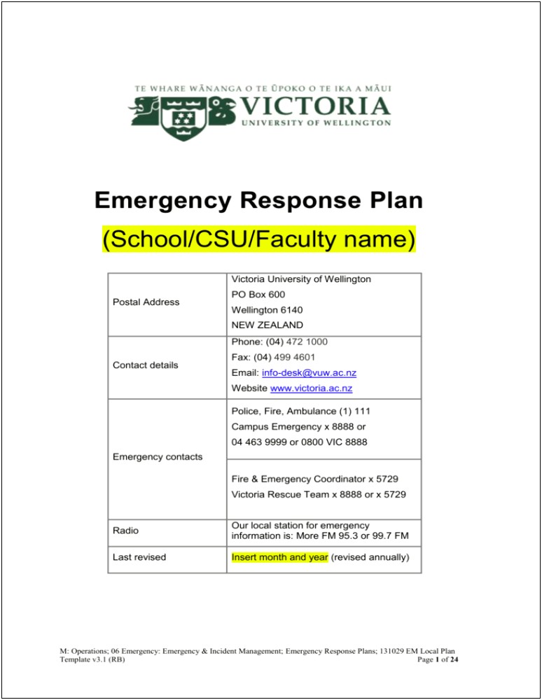 Emergency Management Plan Template For Schools