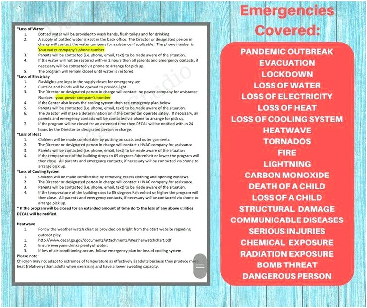 Emergency Plan Template For Child Care