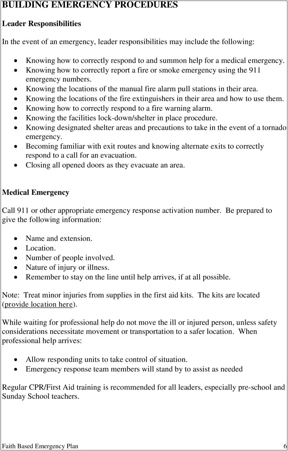 Emergency Plan Template For Faith Based Organizations