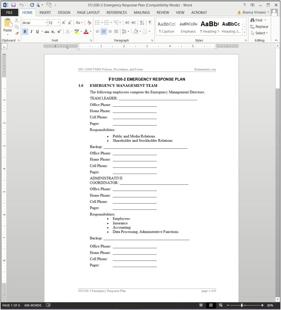 Emergency Response Plan Template For Warehouse