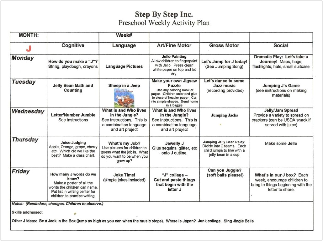 Emergent Curriculum Toddler Lesson Plan Template