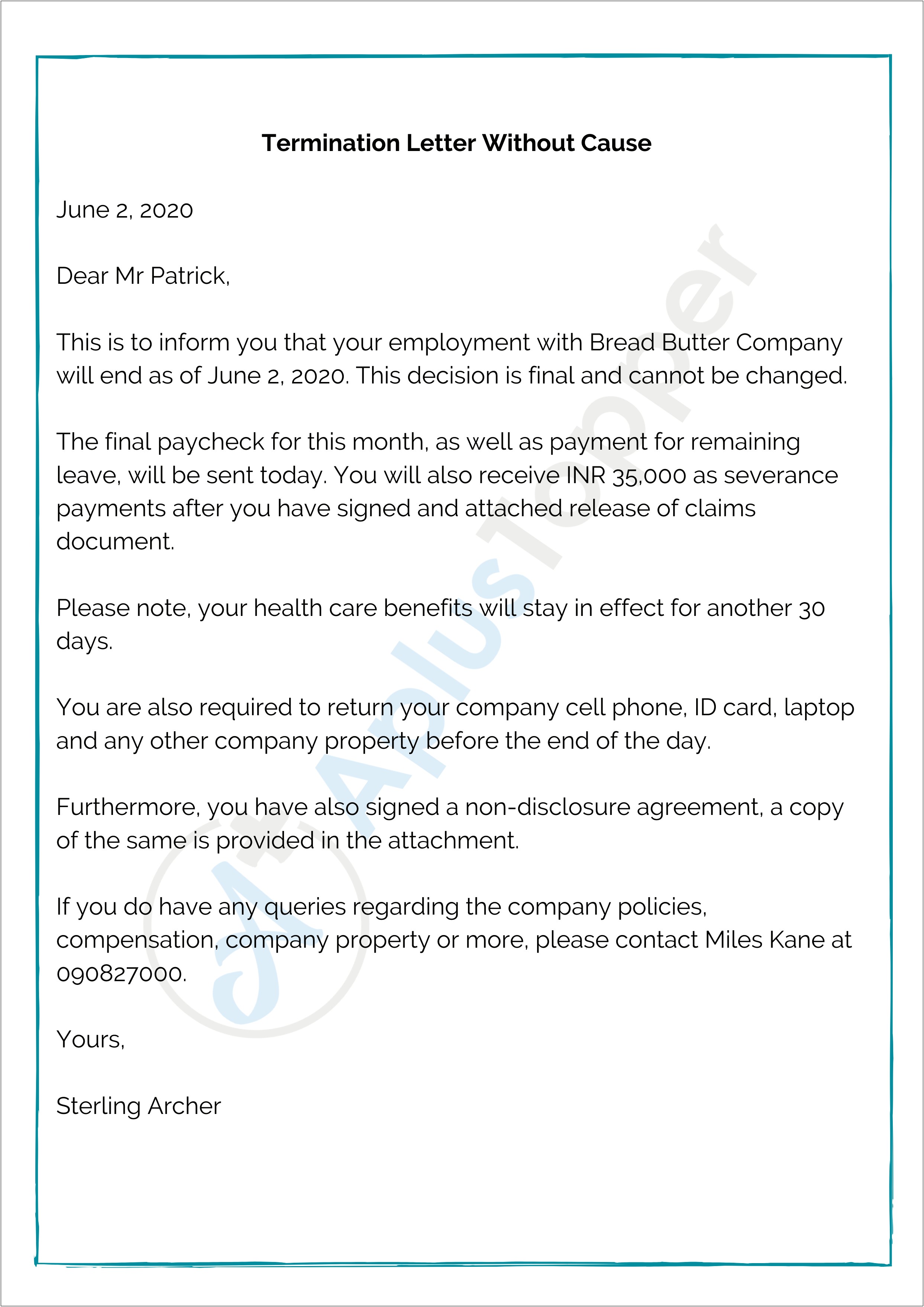 Employee End Of Contract Letter Template