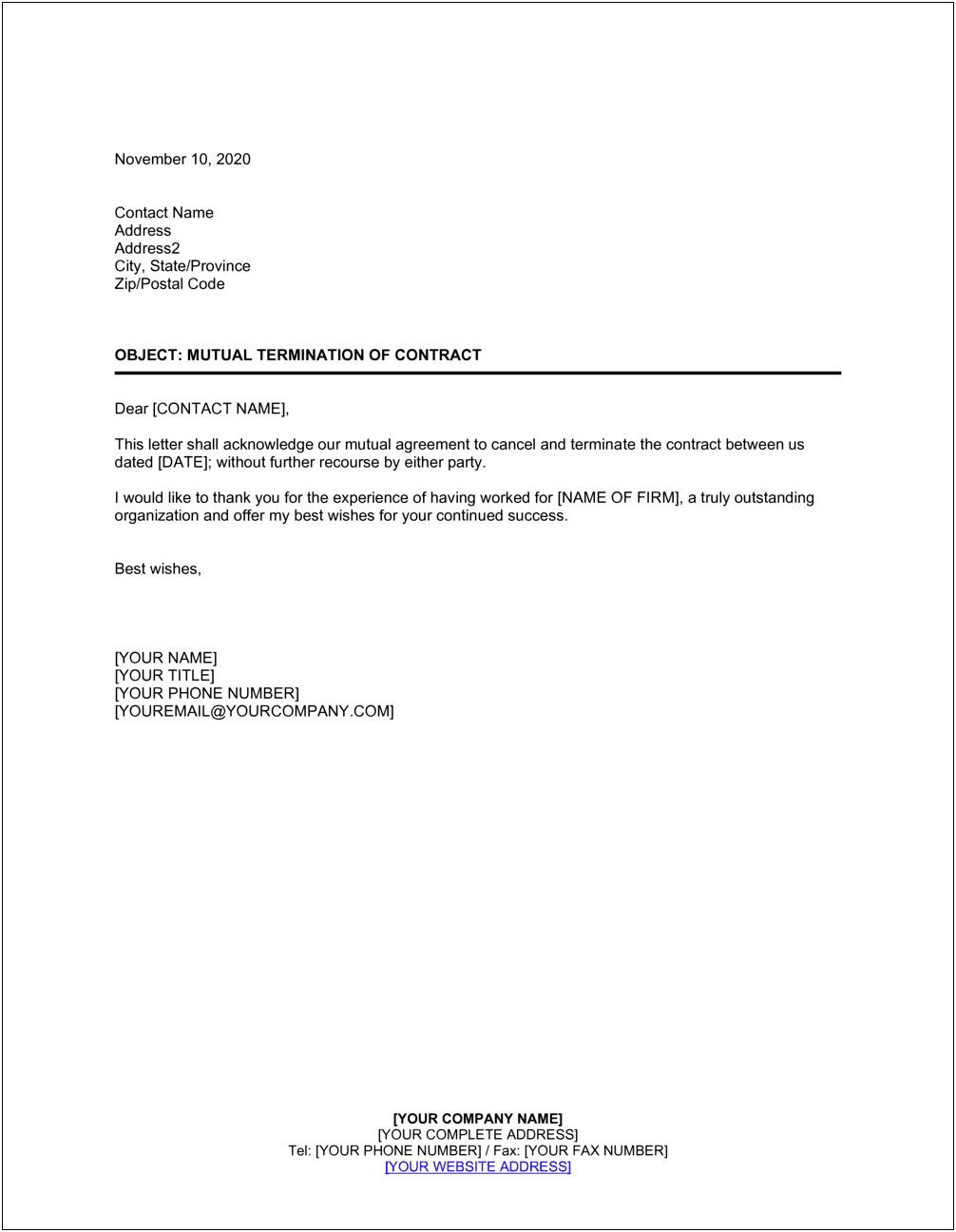 Employee Final Pay Agreement Letter Template