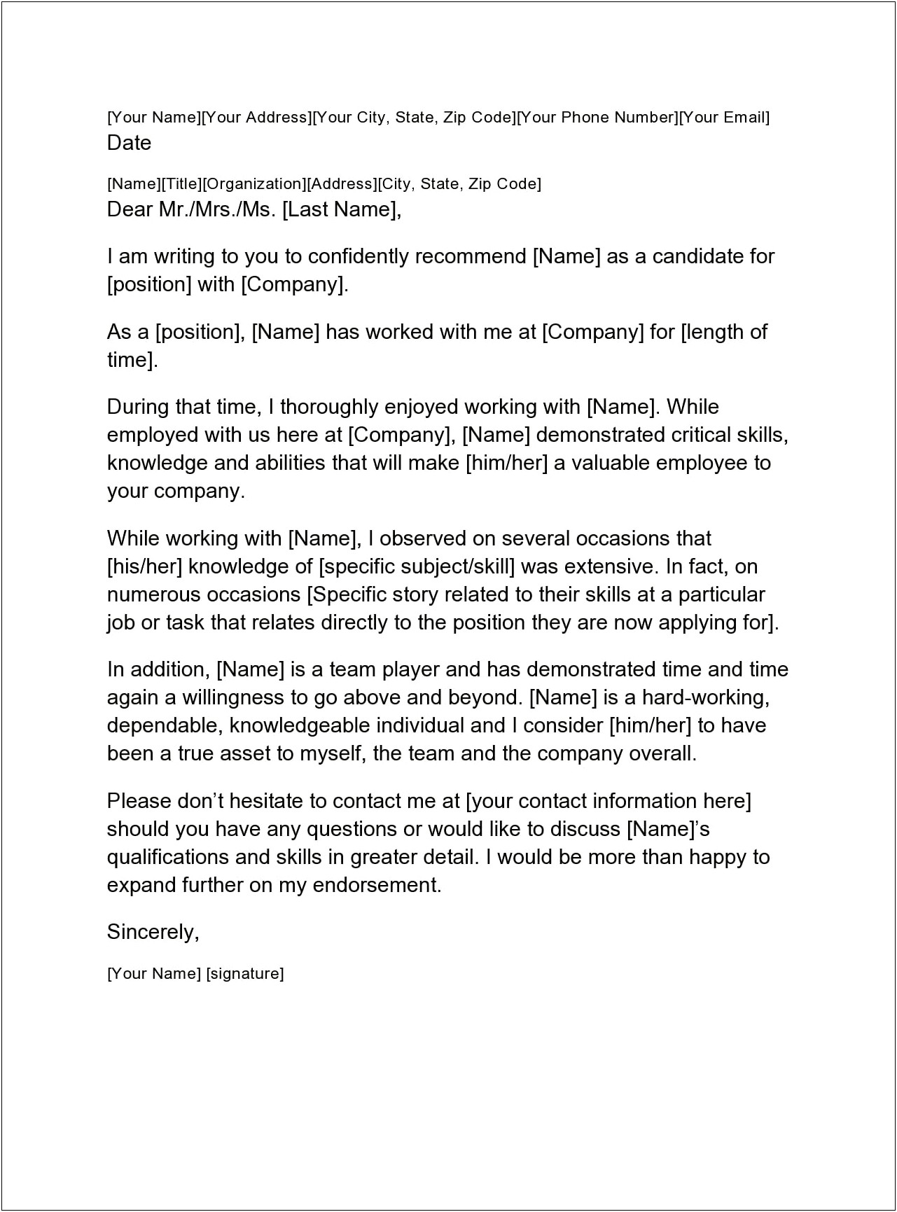 Employee Letter Of Recommendation For Yourself Template