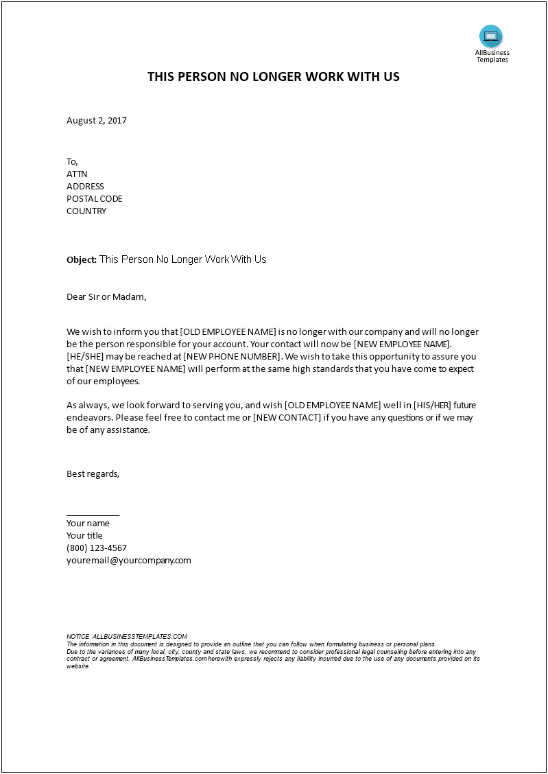 Employee No Longer With Company Letter Template