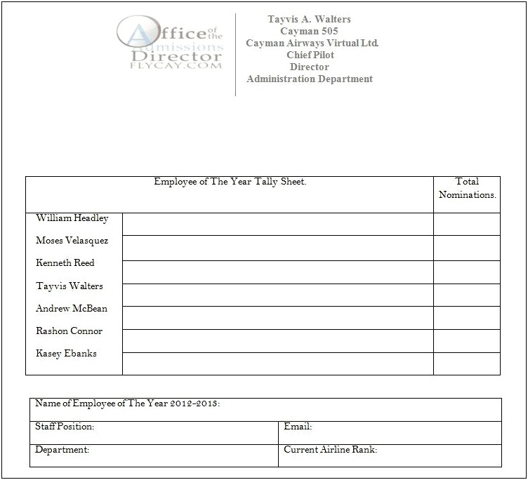 Employee Of The Year Nomination Letter Template