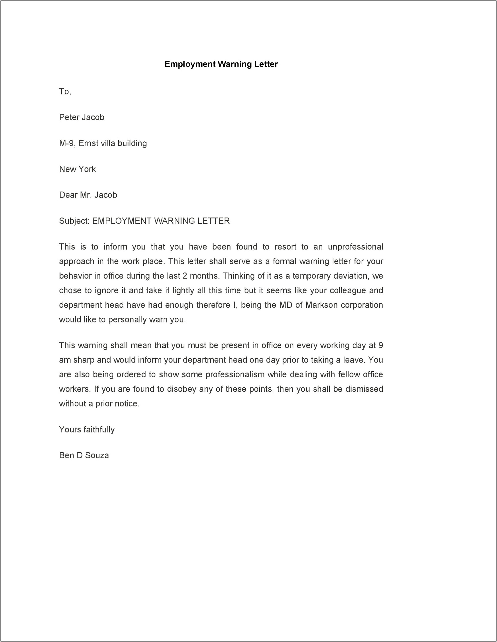 Employee Response To Warning Letter Template