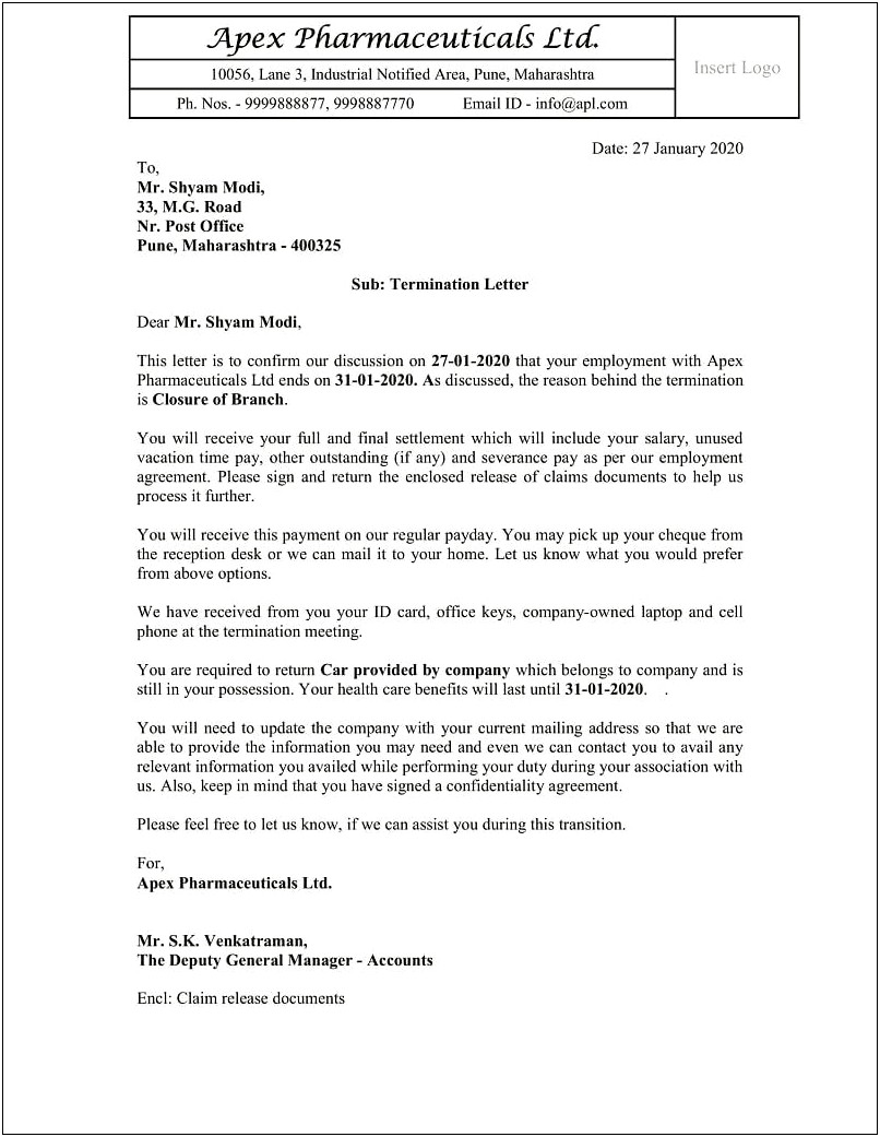 Employee Termination Of Contract Letter Template