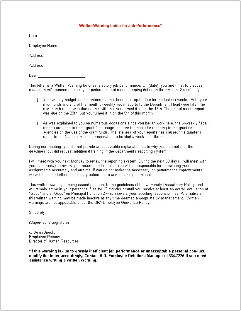 Employee Warning Letter For Poor Performance Template