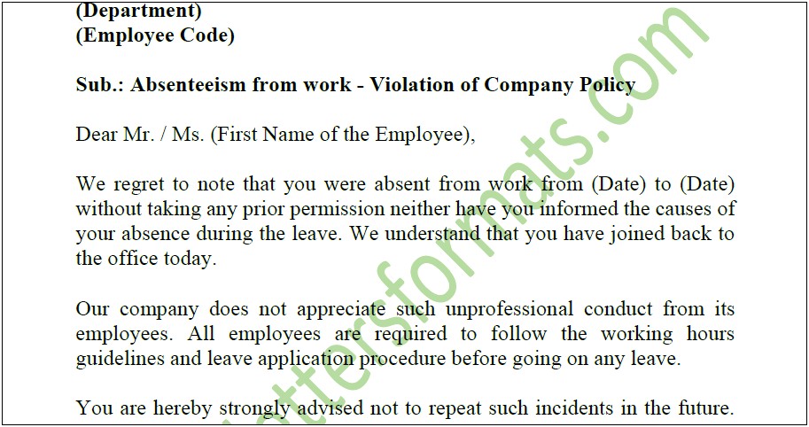 Employee Warning Letter Template For Unexcused Absence