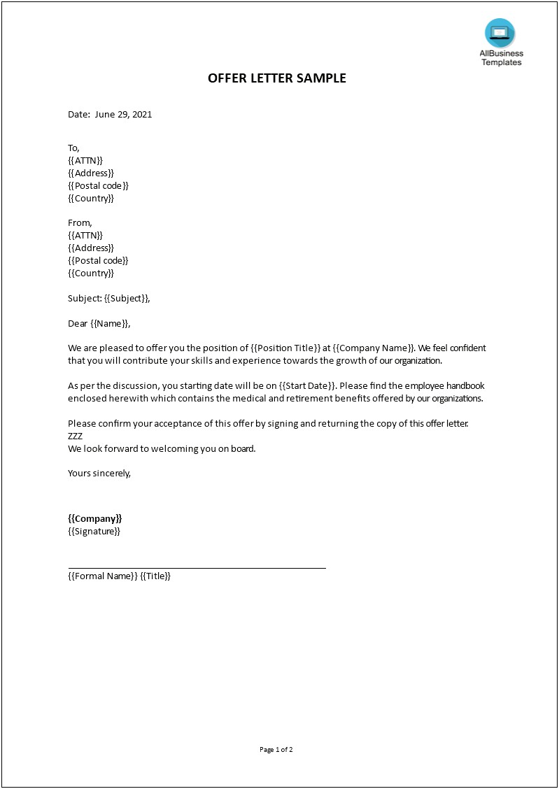 Employer Rescinding Job Offer Letter Template