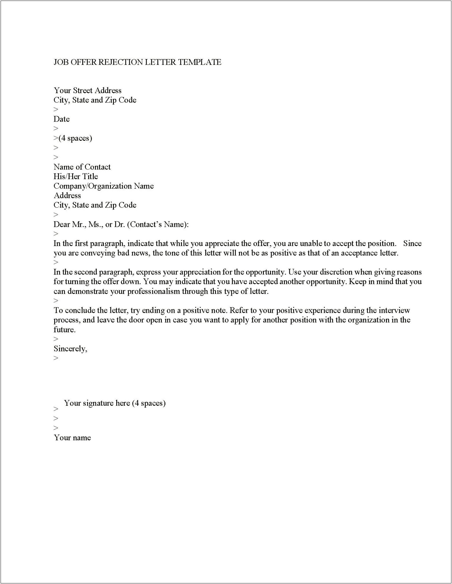 Employer Withdrawal Of Job Offer Letter Template