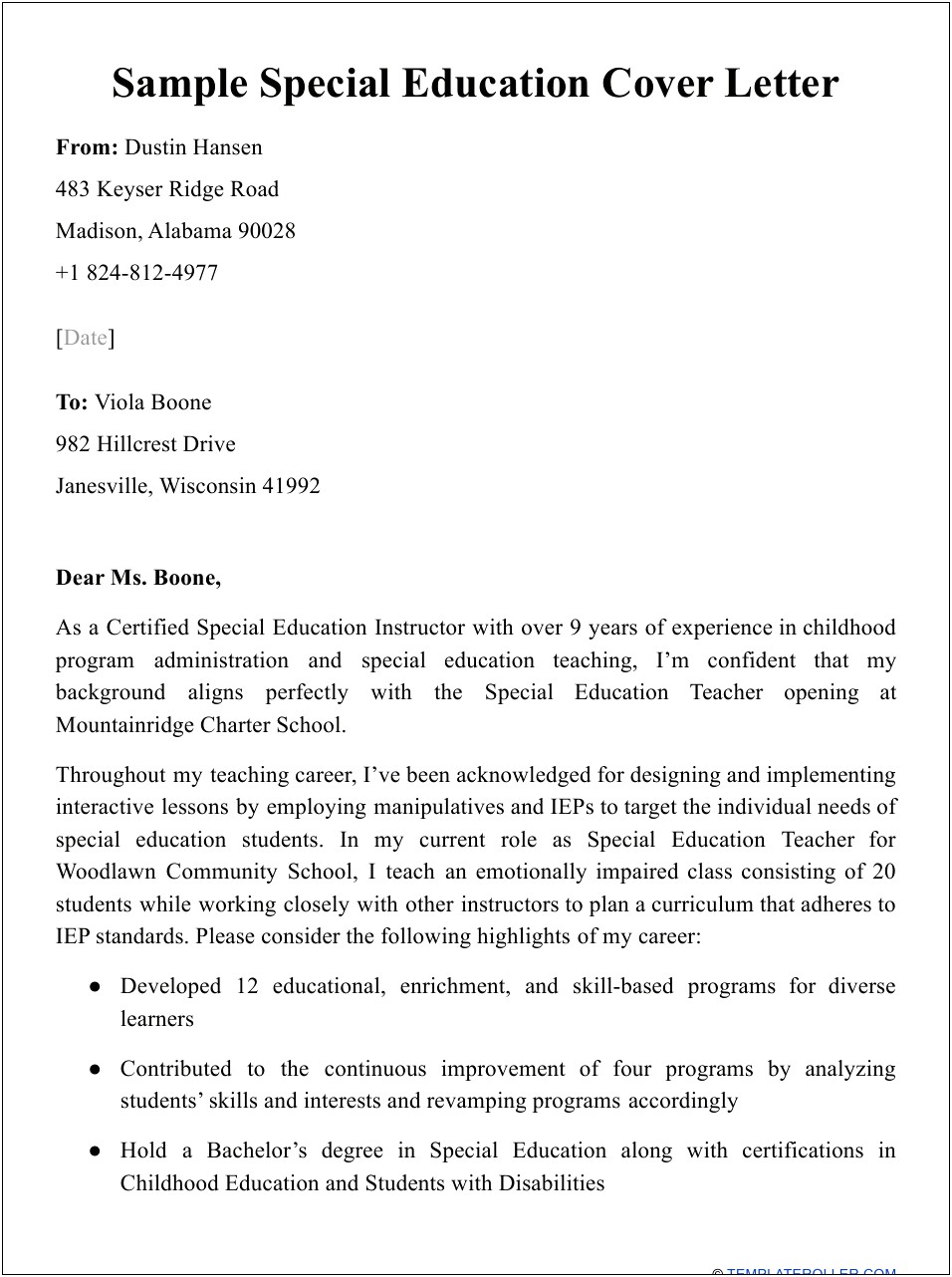 Employment Application Education Cover Letter Template