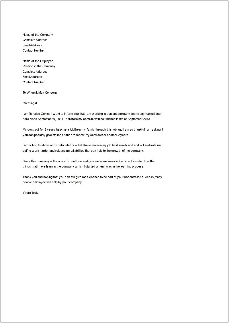 Employment Letter Of Intent Sample Template