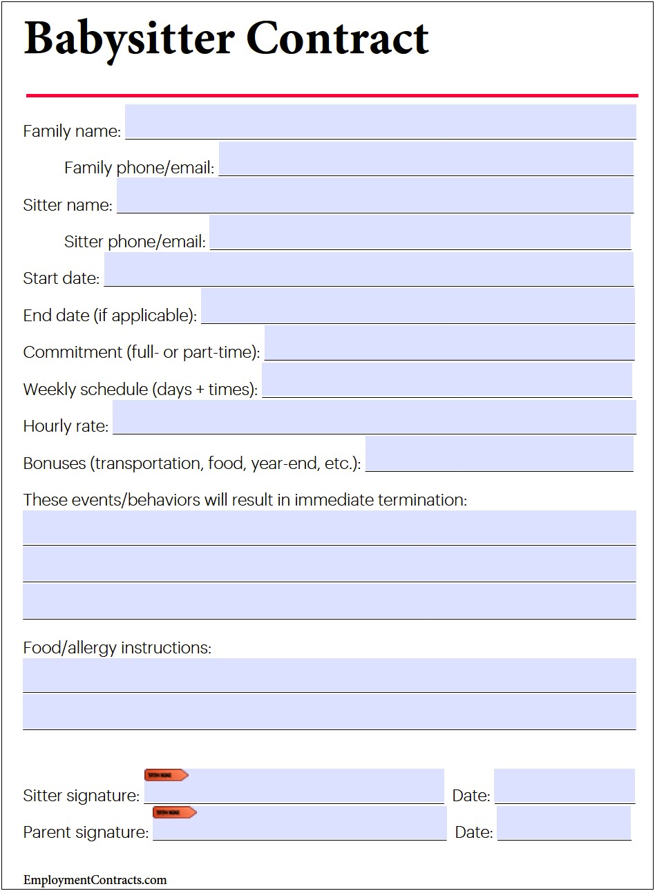 Employment Paperwork Template Contract Nanny Word