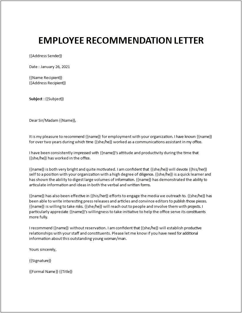 Employment Reference Letter For Employee Template