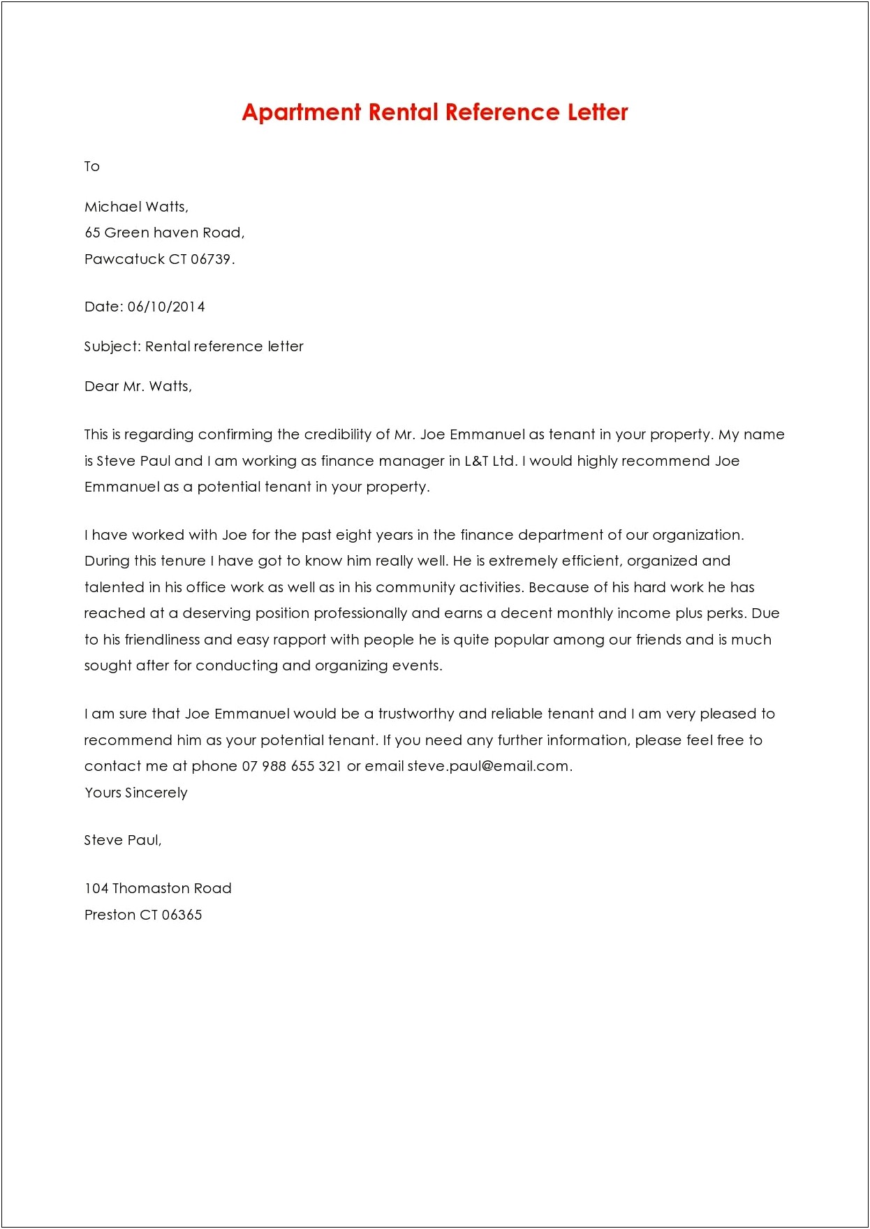 Employment Reference Letter For Rental Template