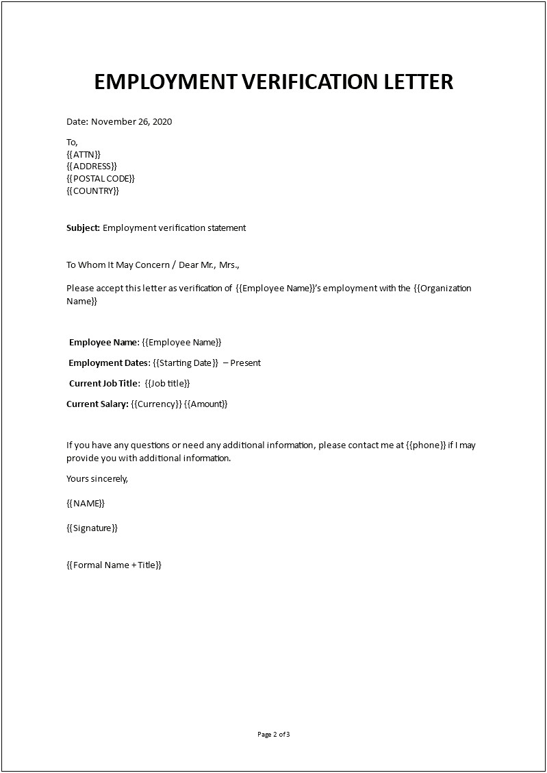 Employment Verification Letter For Visa Template