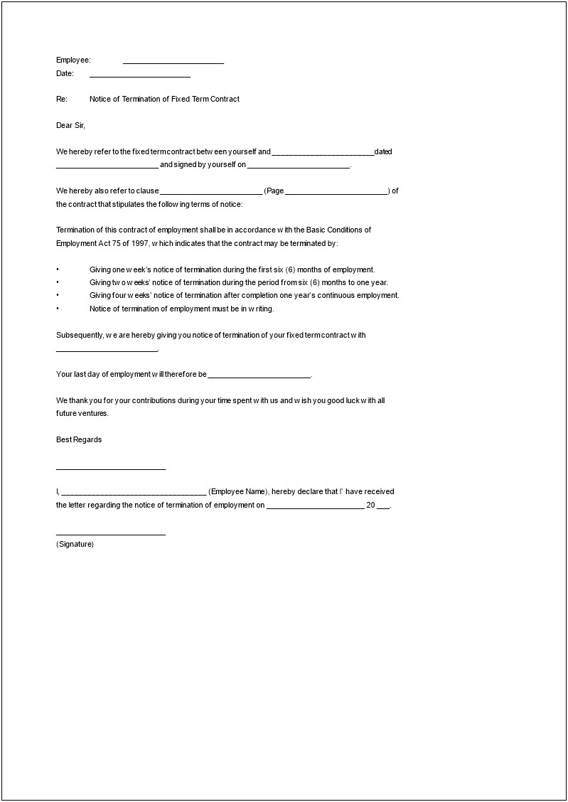 End Of Fixed Term Contract Letter Template