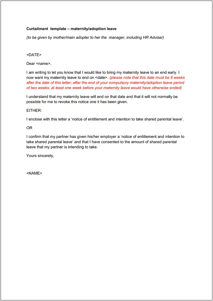 End Of Maternity Leave Letter Template