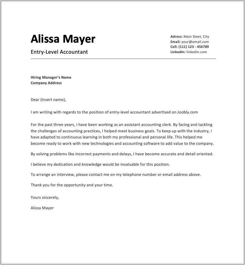 Entry Level Accounting Cover Letter Template