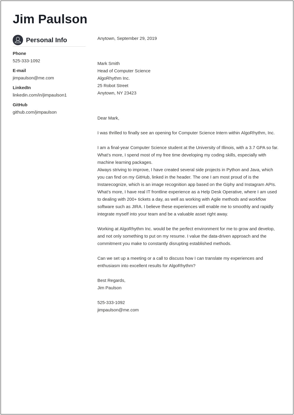 Entry Level Computer Sicence Cover Letter Template