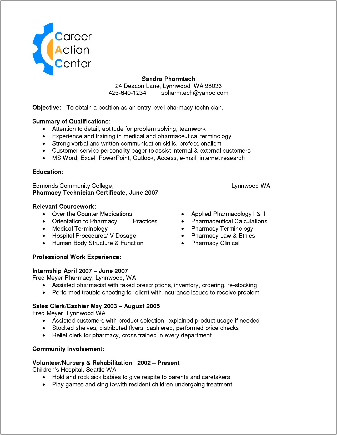 Entry Level Pharmacy Technician Cover Letter Template